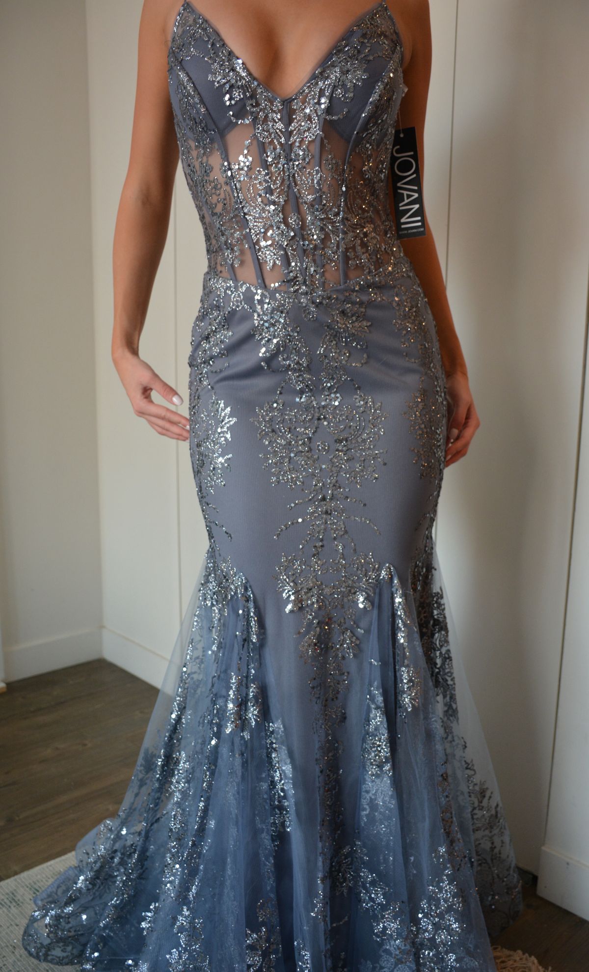 Style 3675 Jovani Size 2 Prom Plunge Sheer Silver Mermaid Dress on Queenly