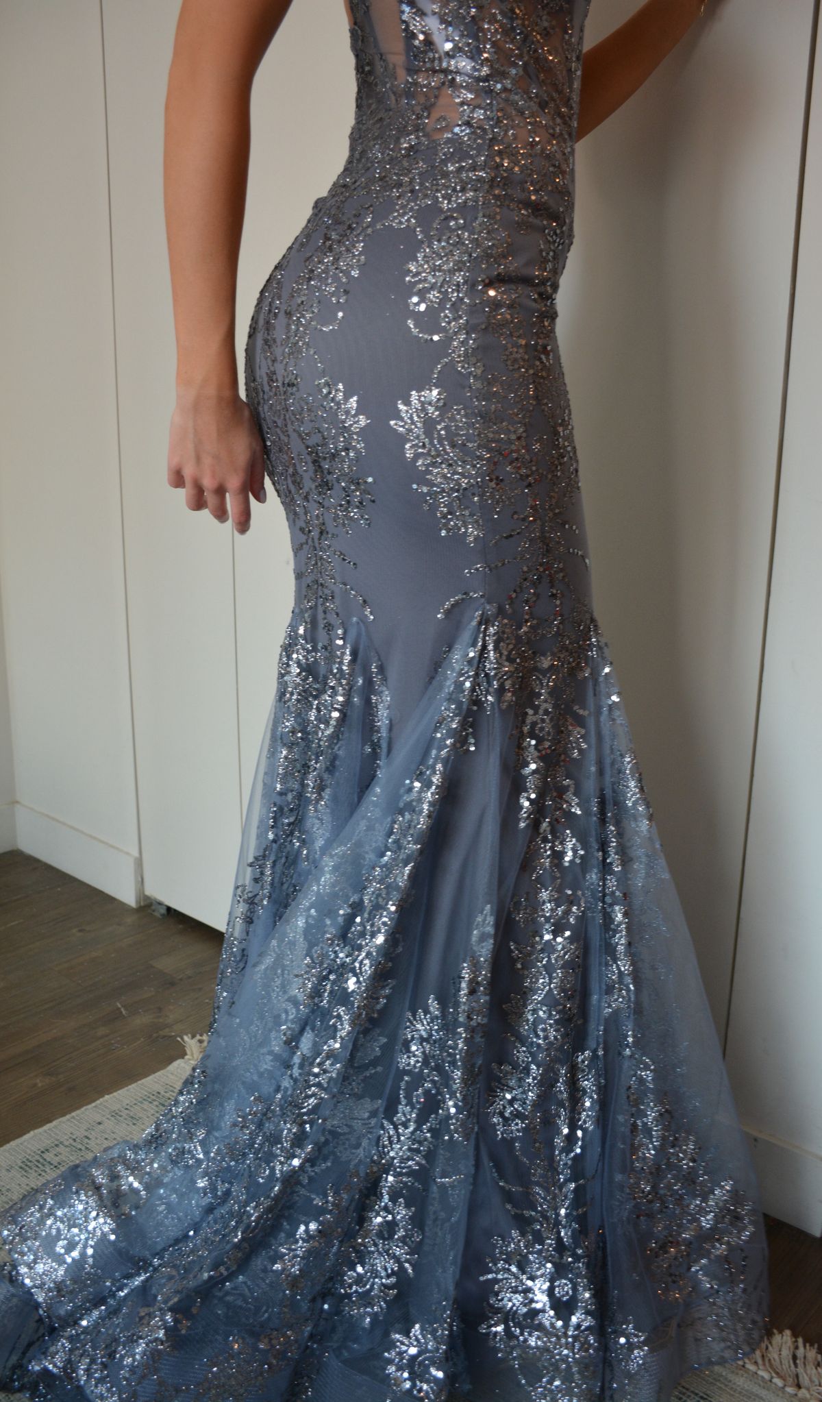 Style 3675 Jovani Size 2 Prom Plunge Sheer Silver Mermaid Dress on Queenly