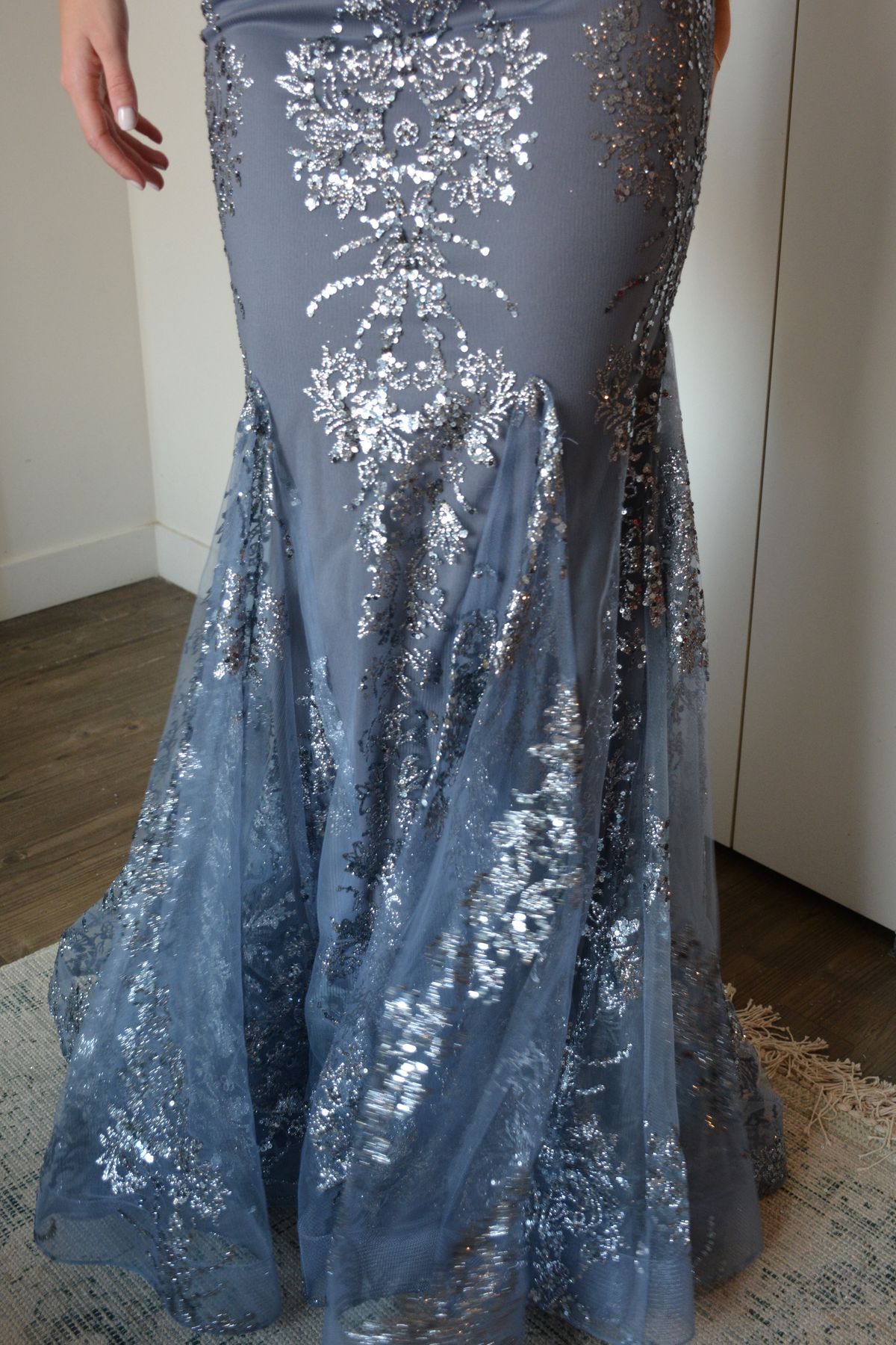 Style 3675 Jovani Size 2 Prom Plunge Sheer Silver Mermaid Dress on Queenly