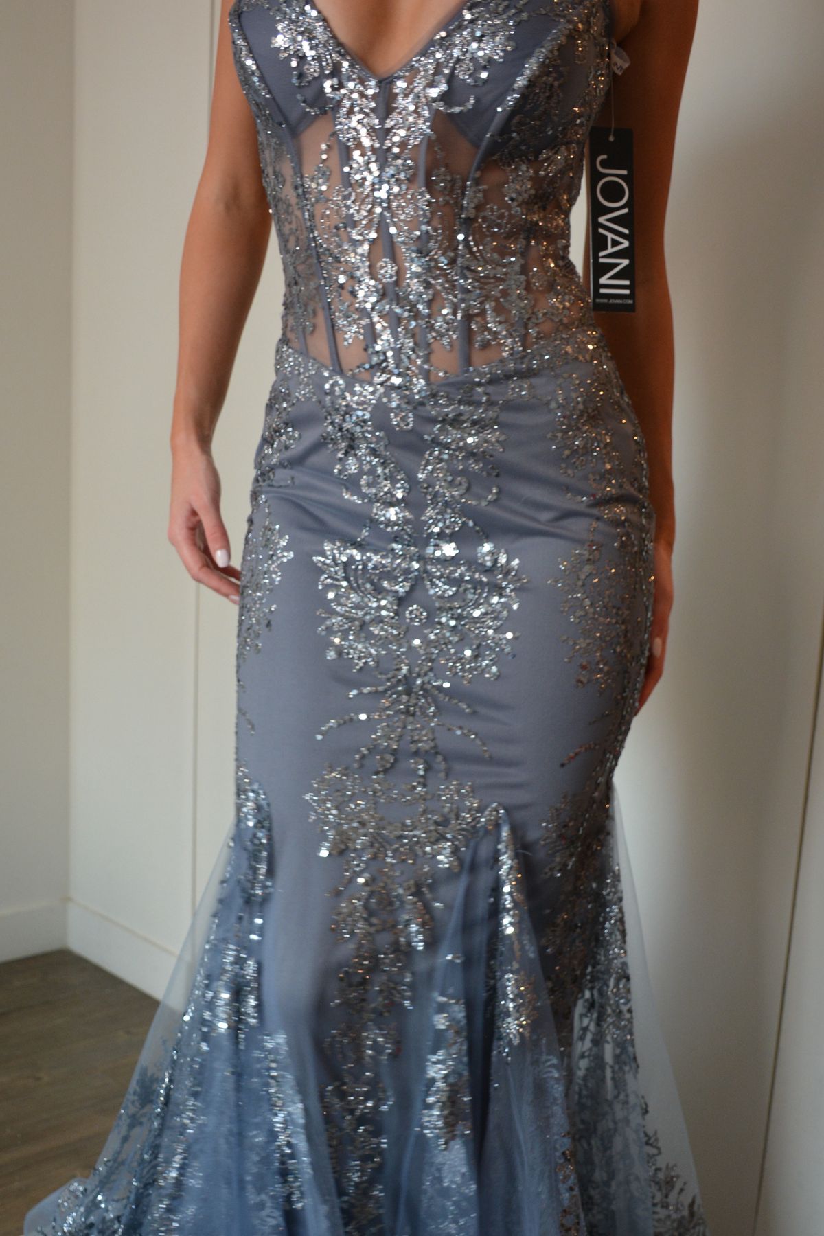 Style 3675 Jovani Size 2 Prom Plunge Sheer Silver Mermaid Dress on Queenly