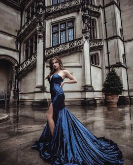 Jovani Blue Size 2 Silk Side Slit Train Dress on Queenly
