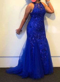 Sherri Hill Blue Size 14 Prom Halter Mermaid Dress on Queenly