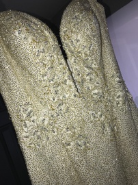 Claris collection Gold Size 6 Pageant Plunge Sequin Side slit Dress on Queenly