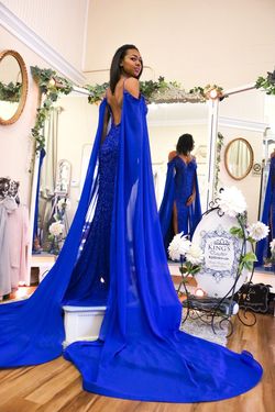 Jovani Blue Size 2 Floor Length Cape Backless Mermaid Dress on Queenly