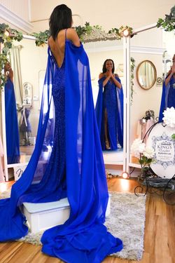 Jovani Royal Blue Size 2 Pageant Train Cape Mermaid Dress on Queenly