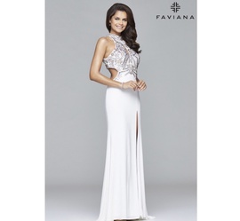 Faviana White Size 2 Sequined Straight Sequin Halter Side slit Dress on Queenly