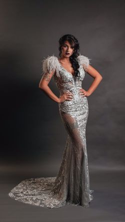 Portia and Scarlett Silver Size 4 Floor Length Feather Train Mermaid Dress on Queenly