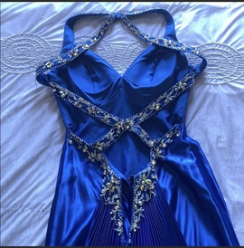 Tony Bowls Blue Size 4 Backless Jewelled Sequin Train Dress on Queenly