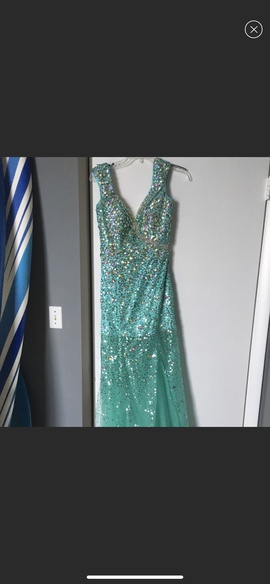 Tony Bowls Blue Size 4 Backless Jewelled Sequin Train Dress on Queenly
