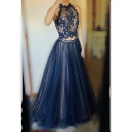 Alyce Paris Blue Size 4 Halter Sheer Ball gown on Queenly