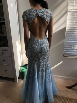 Jovani Blue Size 0 Plunge Backless Mermaid Dress on Queenly