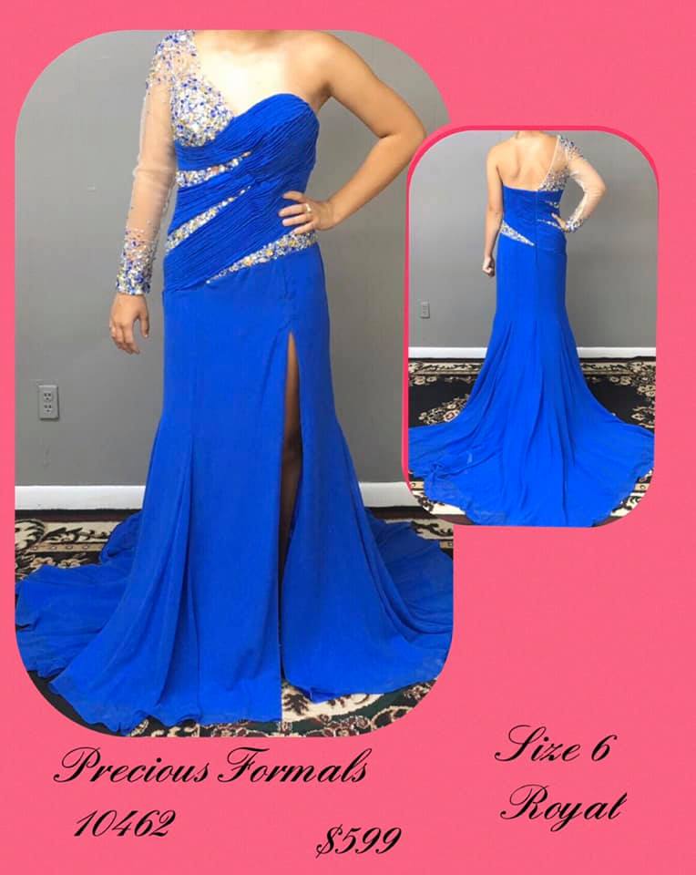 Precious Formals Blue Size 6 Sheer Tall Height Train Dress on Queenly