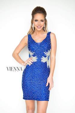 Style 6075 Vienna Blue Size 4 Tall Height Sheer V Neck Cocktail Dress on Queenly