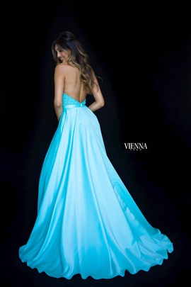 Style 8308 Vienna Blue Size 12 Halter Backless Tall Height Side slit Dress on Queenly