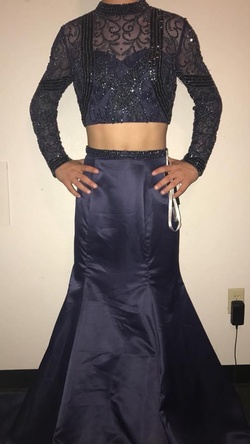 Style 51107 Sherri Hill Blue Size 10 Long Sleeve Sheer Prom Mermaid Dress on Queenly