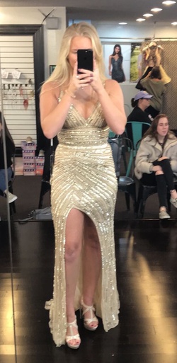 Style 52515 Sherri Hill Gold Size 4 Prom Tall Height Side slit Dress on Queenly