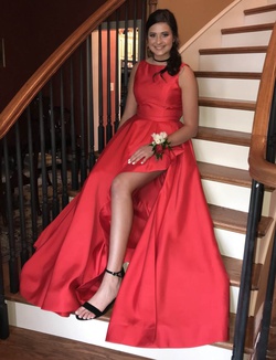 Sherri Hill Red Size 10 Prom Silk Side slit Dress on Queenly