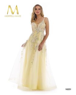 Style 16251 Morrell Maxie Yellow Size 12 Corset Sheer Lace A-line Dress on Queenly