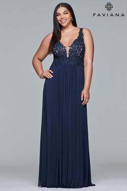 Style 9428 Faviana Blue Size 18 Sheer Tall Height V Neck A-line Dress on Queenly