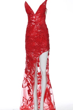 Style 4084 Jovani Red Size 0 Train Sheer Tall Height Side slit Dress on Queenly