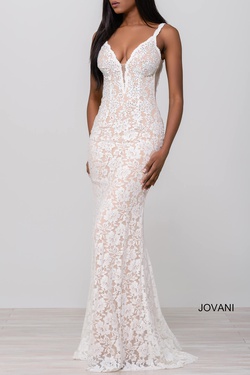 Style 48994 Jovani White Size 4 Sheer Lace Fitted Straight Dress on Queenly