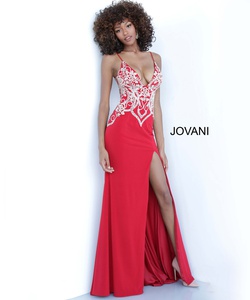 Style 54927 Jovani Red Size 6 Tall Height V Neck Fitted Side slit Dress on Queenly