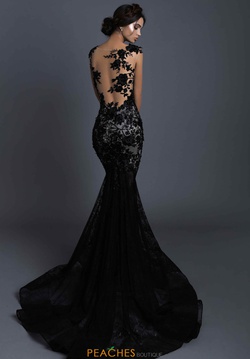 Style 93600 Tarik Ediz Black Size 4 Tall Height Sheer Lace Fitted Train Dress on Queenly