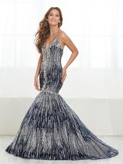 Style 16408 Tiffany Designs Silver Size 14 Sheer Train Prom Mermaid Dress on Queenly