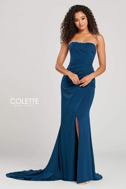 Style CL12029 COLETTE Blue Size 4 Prom Black Tie Side slit Dress on Queenly