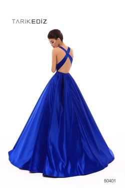 Style 50401 Tarik Ediz Blue Size 6 Plunge Silk Ball gown on Queenly