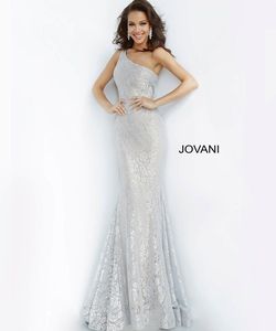 Style 00353 Jovani Silver Size 0 One Shoulder Prom Mermaid Dress on Queenly