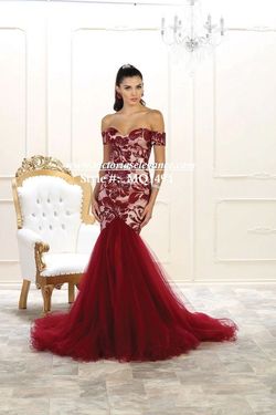 May Queen Red Size 10 Pattern Burgundy Sheer Floor Length Mermaid Dress on Queenly