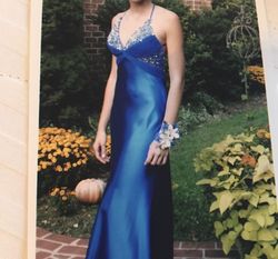 Fatiana Couture Royal Blue Size 4 Silk Satin Sequin Straight Dress on Queenly