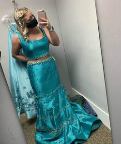 Rachel Allan Blue Size 10 Silk Pattern Pageant A-line Dress on Queenly