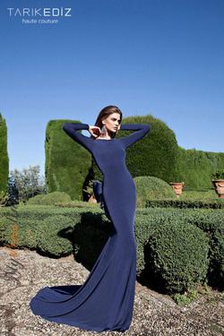 Style 92563 Tarik Ediz Blue Size 10 Long Sleeve Prom Straight Dress on Queenly