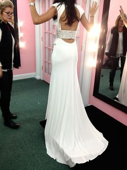 Jovani White Size 0 Side Slit Plunge A-line Dress on Queenly