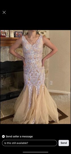 Windsor White Size 4 Sequin Prom Floor Length Tulle Mermaid Dress on Queenly
