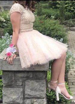 Style 52273 Sherri Hill Nude Size 0 Midi Homecoming Medium Height Cap Sleeve Cocktail Dress on Queenly