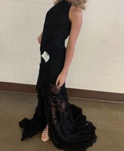 Style 52663 Sherri Hill Black Size 0 Halter Straight Dress on Queenly