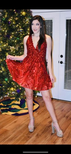 Jovani Red Size 2 Euphoria Sequined Plunge Homecoming Cocktail Dress on Queenly