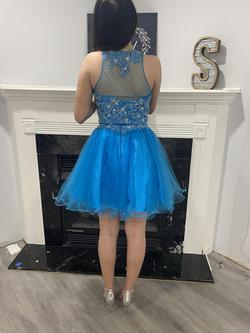 Rachel Allan Blue Size 4 Homecoming Beaded Top Sheer Cocktail Dress on Queenly