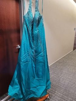Style 5529 What's Hot Blue Size 22 Teal Black Tie Halter A-line Dress on Queenly