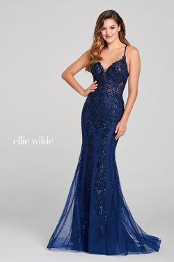 Style EW121054 Ellie Wilde Blue Size 8 Navy Embroidery Prom Tulle Mermaid Dress on Queenly