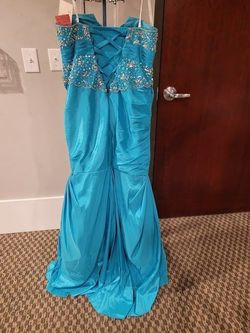 Style 3374 Karishma Prom Blue Size 16 Strapless Corset Prom Mermaid Dress on Queenly
