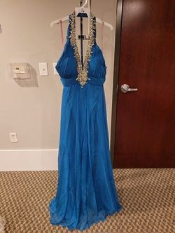 Style X139 Blush Prom Blue Size 16 $300 Halter Plunge Black Tie A-line Dress on Queenly