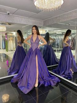 Style S03789 Jovani Purple Size 4 Plunge Halter Floor Length Side slit Dress on Queenly