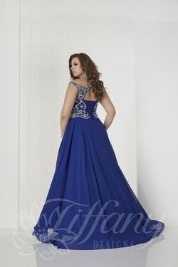 Style 16313 Tiffany Designs Blue Size 18 Train Floor Length Boat Neck Sweetheart Side slit Dress on Queenly
