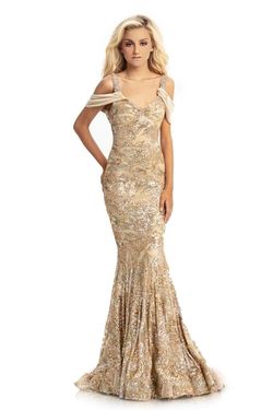 Style 9013 Johnathan Kayne Gold Size 6 Floor Length Sheer Tall Height Pattern Mermaid Dress on Queenly