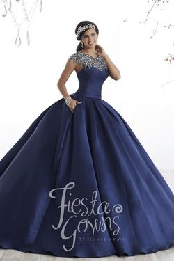 Style 56330 House of Wu Fiesta Blue Size 10 Floor Length Quinceanera Silk Ball gown on Queenly