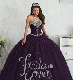 Style 56310 House of Wu Fiesta Purple Size 4 Floor Length Strapless Lace Sweetheart Ball gown on Queenly